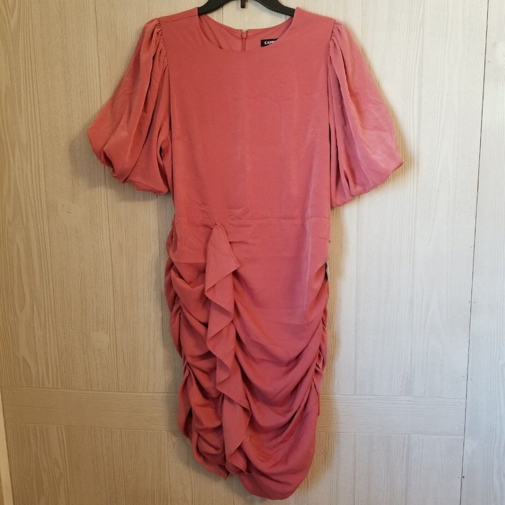 Express Women Size L Mauve Round Neck Ruffled Flirty Bodycon Midi Dress